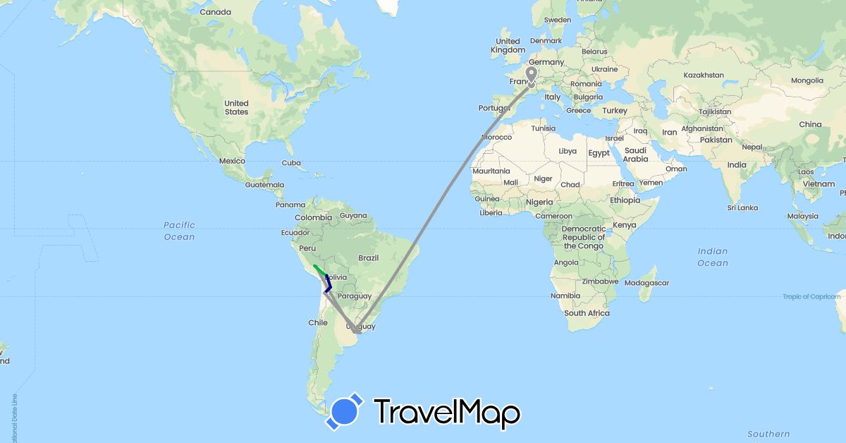 TravelMap itinerary: driving, bus, plane in Argentina, Bolivia, Chile, France, Peru, Uruguay (Europe, South America)