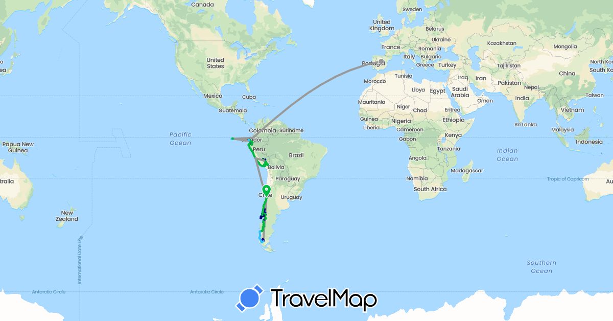 TravelMap itinerary: driving, bus, plane, train, hiking, boat, téléphérique in Argentina, Chile, Ecuador, Spain, France, Peru (Europe, South America)