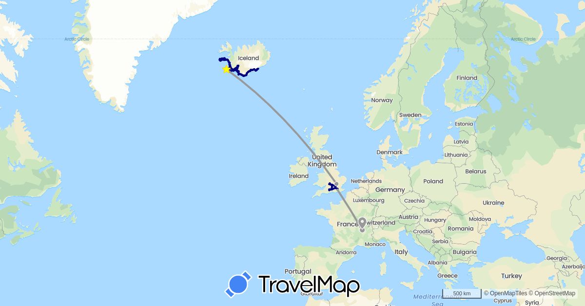 TravelMap itinerary: driving, plane in France, United Kingdom, Iceland (Europe)