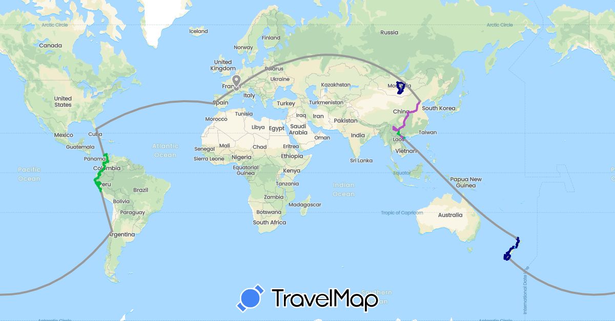TravelMap itinerary: driving, bus, plane, train, hiking, boat in Chile, China, Colombia, Ecuador, France, Mongolia, New Zealand, Peru, Portugal, Russia, United States, Vietnam (Asia, Europe, North America, Oceania, South America)
